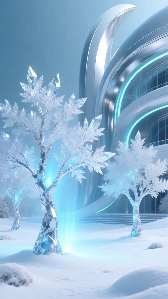 Sci-Fi Winter Crystal Trees Futuristic City Wallpaper
