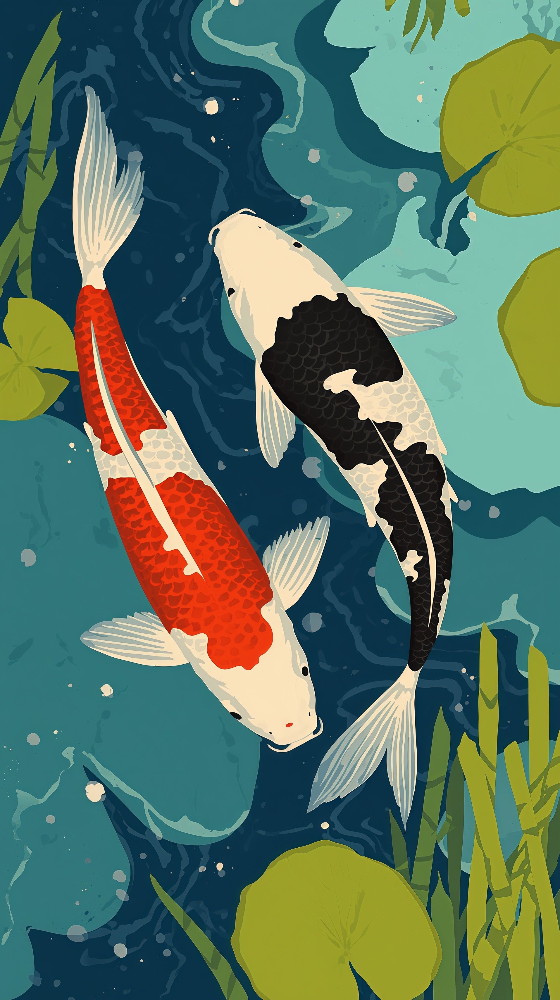 Vibrant Yin Yang Koi Fish Pond Art Wallpaper